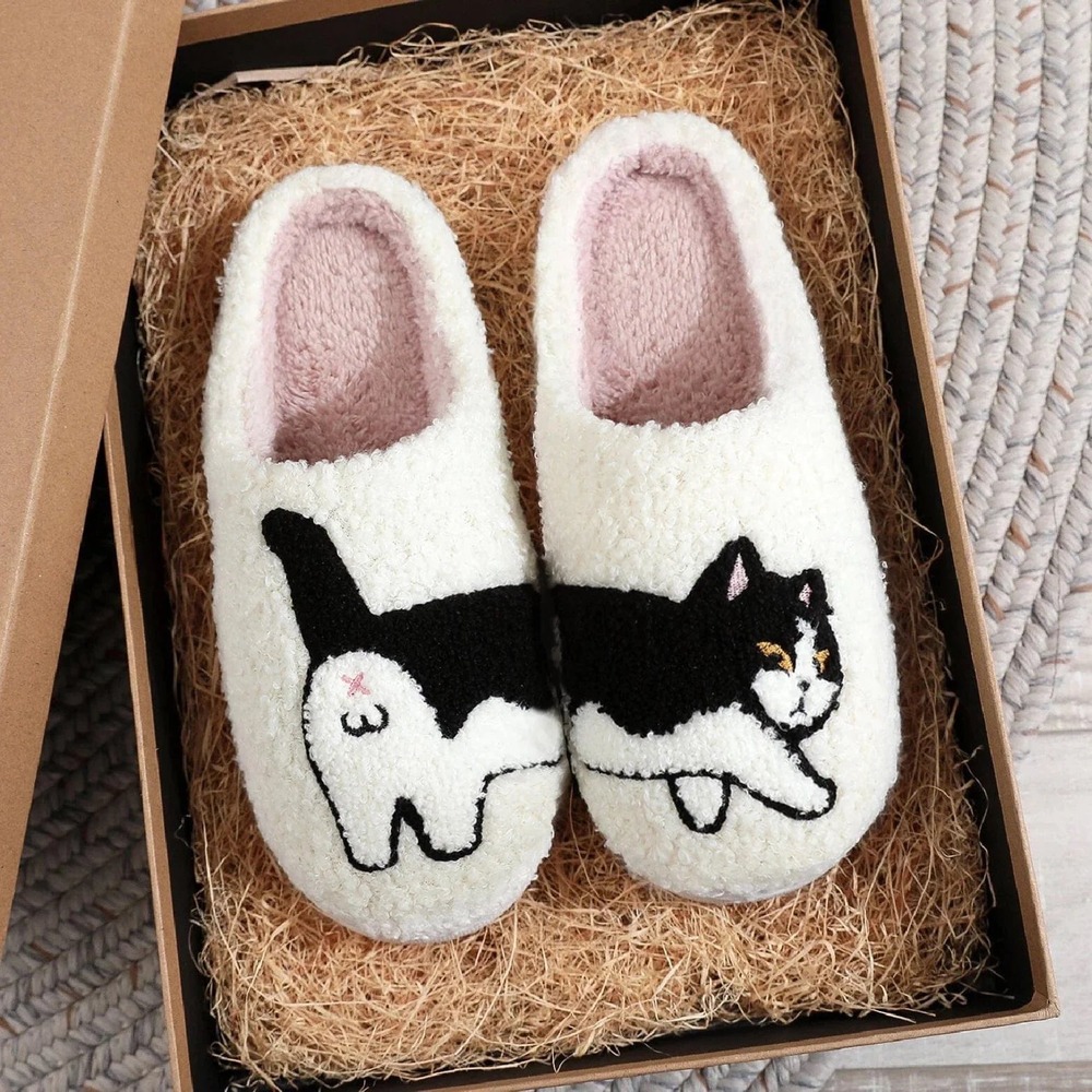 Tuxedo Cat Fuzzy Sherpa Slippers White Black House Shoes Women
